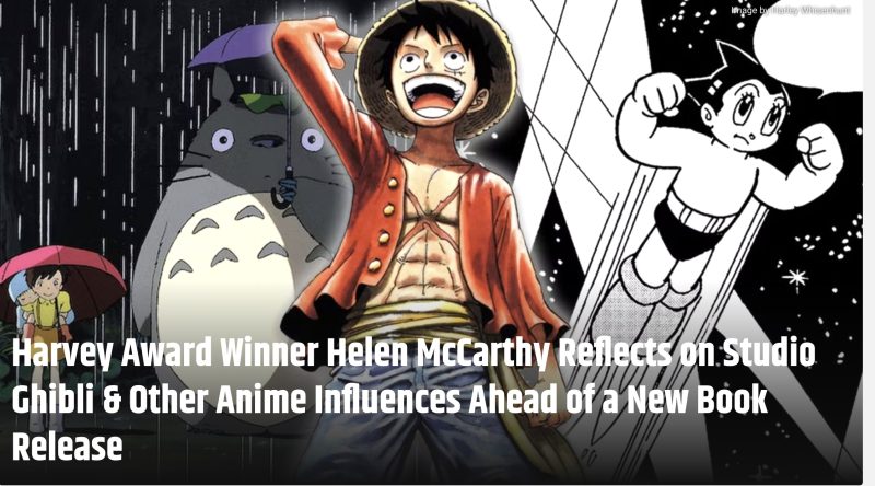 An image showing anime and manga characters: left to right, Mei, Satsuki and Totoro from the anime My Neighbor Totoro; Luffy from the anime One Piece; and Tetsuwan Atom/Astro Boy from the manga