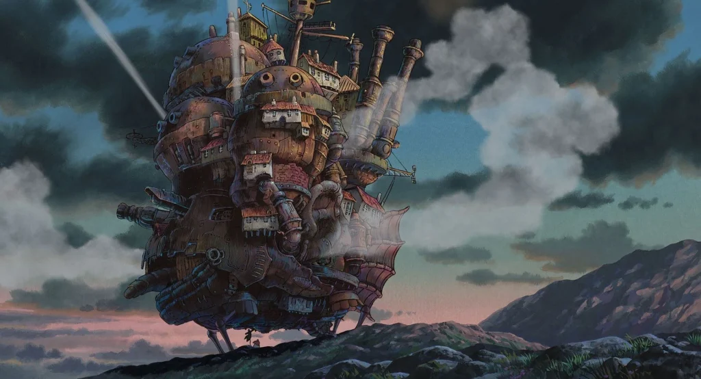 Image from "The Art of Howl's Moving Castle" showing the castle walking across a mountainous landscape against a sky dotted with both dark and white clouds