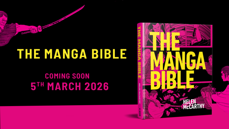 5th March 2026: The Manga Bible launch announcement, an image of the book cover on a plack background with purple lower border and purple and yellow lettering