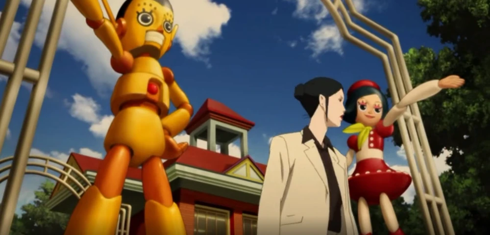An image from Satoshi Kon's unfinished 5th feature film 'Dreaming Machine'. A young Japanese woman in a beige formal jacket and black open-necked shirt walks under an archway made of gold tubular metal and flanked by two brightly coloured 50s-style characters. A retro-style white house with red roofs is in the background, under a blue sky with fluffy white clouds. The image is slightly unsettling despite the blue sky and bright colours.
