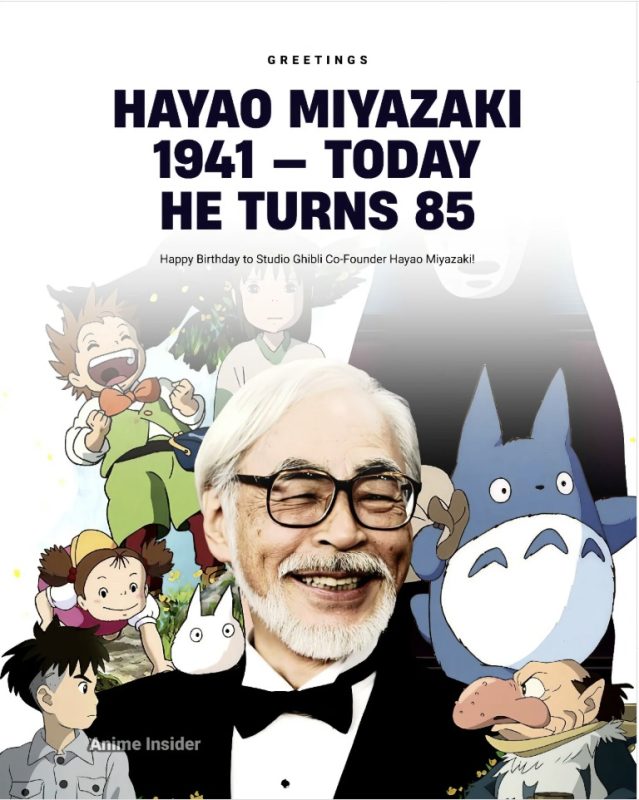 animeinsider.insta made this birthday image of a younger MIyazaki surrounded by some of the characters from his films. The text congratulates him on his 85th birthday, 5 January 2026.