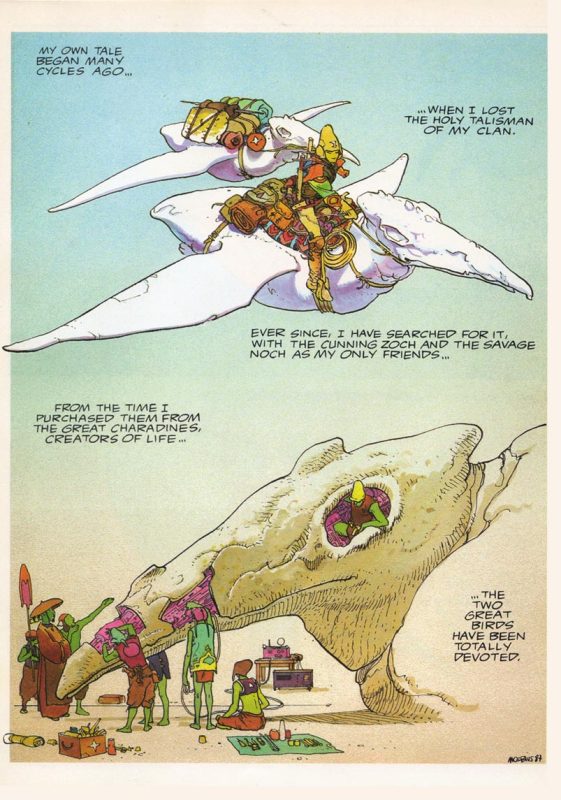 A page from Arzach and the Space Jockey clearly shows its influence on Miyazaki. The desert landscape, blue sky and mode of transport are all clearly related to his work on Nausicä of the Valley of the Wind.